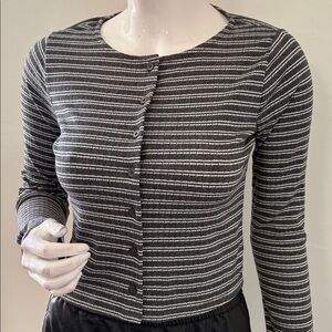 Reformation Ari Pointelle Knit Cardigan Grey & White Striped Long Sleeve Top
